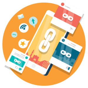 A mobile phone designed for social media marketing, featuring links and icons.