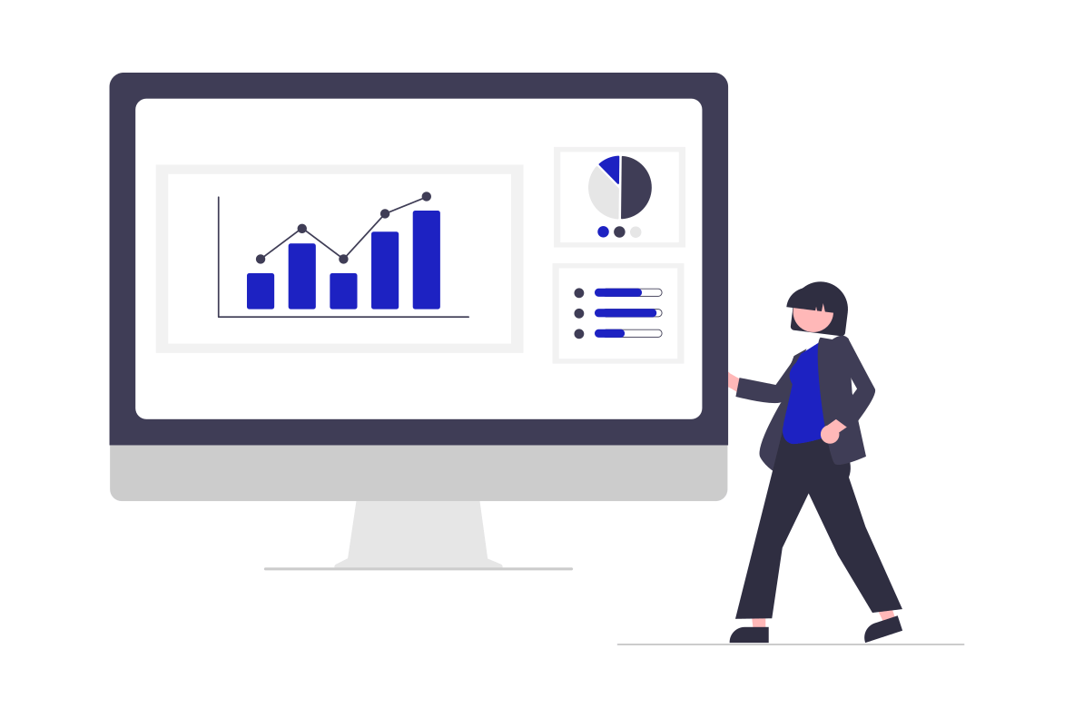 A woman is analyzing social media marketing data on a monitor.