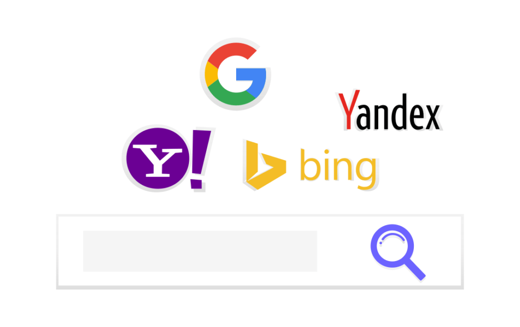 Yandex, Yelp, Bing, and Google are popular search engines used for content marketing and social media marketing.